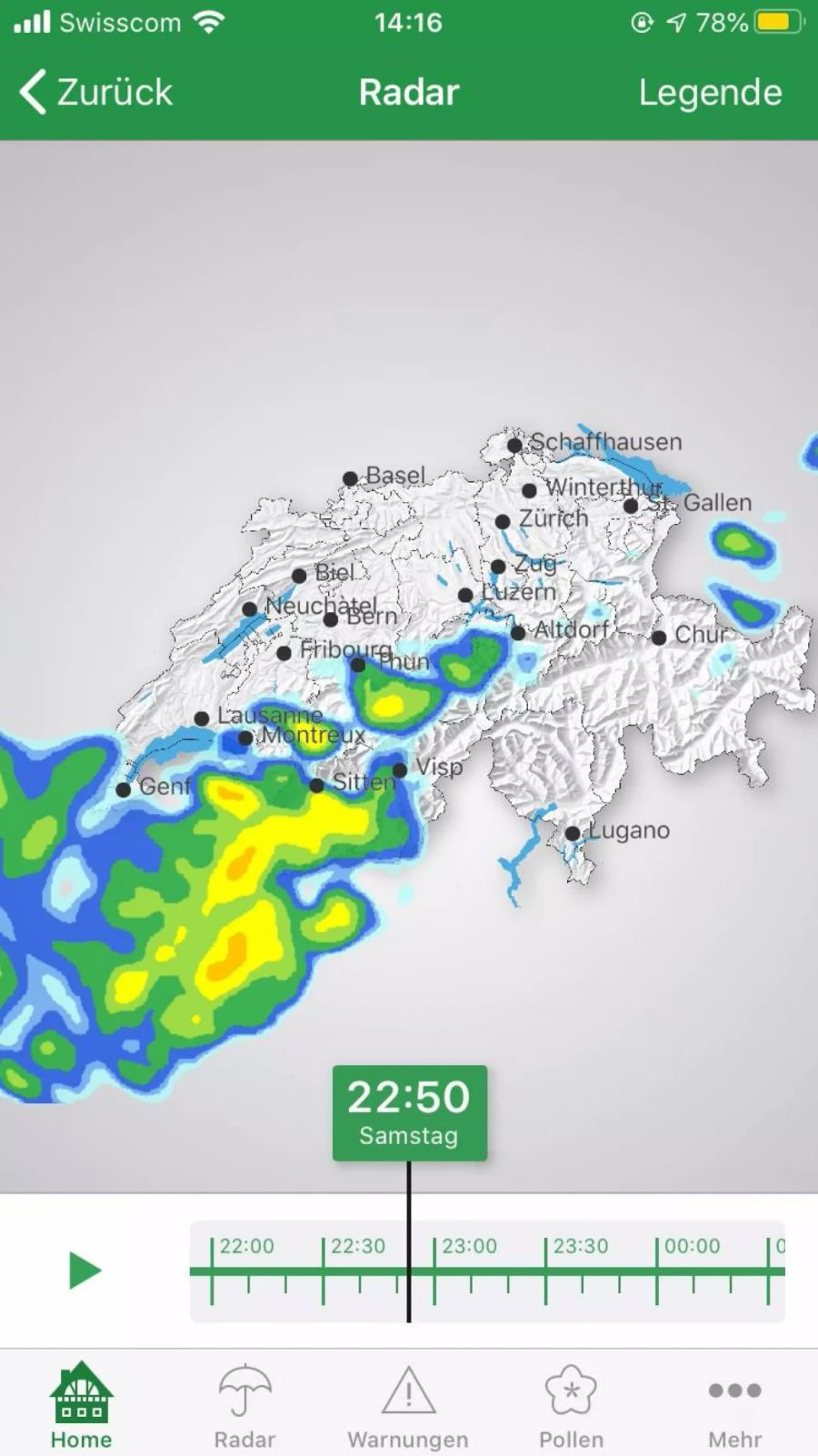 Laut Landi-App wird das Wetter heute zwischen 22 und 23 Uhr nicht ideal, um die Starlink-Satelliten zu sehen.