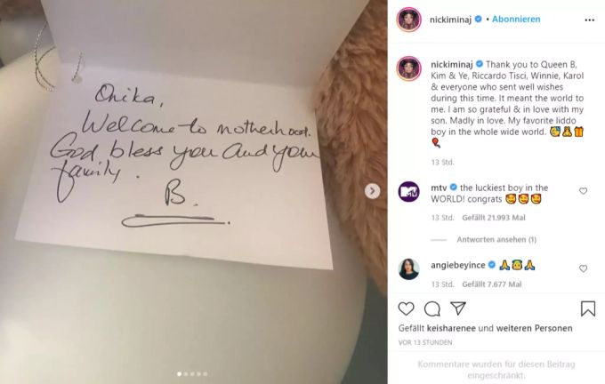 Nicki Minaj verkündet auf Instagram, dass sie einen Sohn bekommen hat. Nicki Minaj