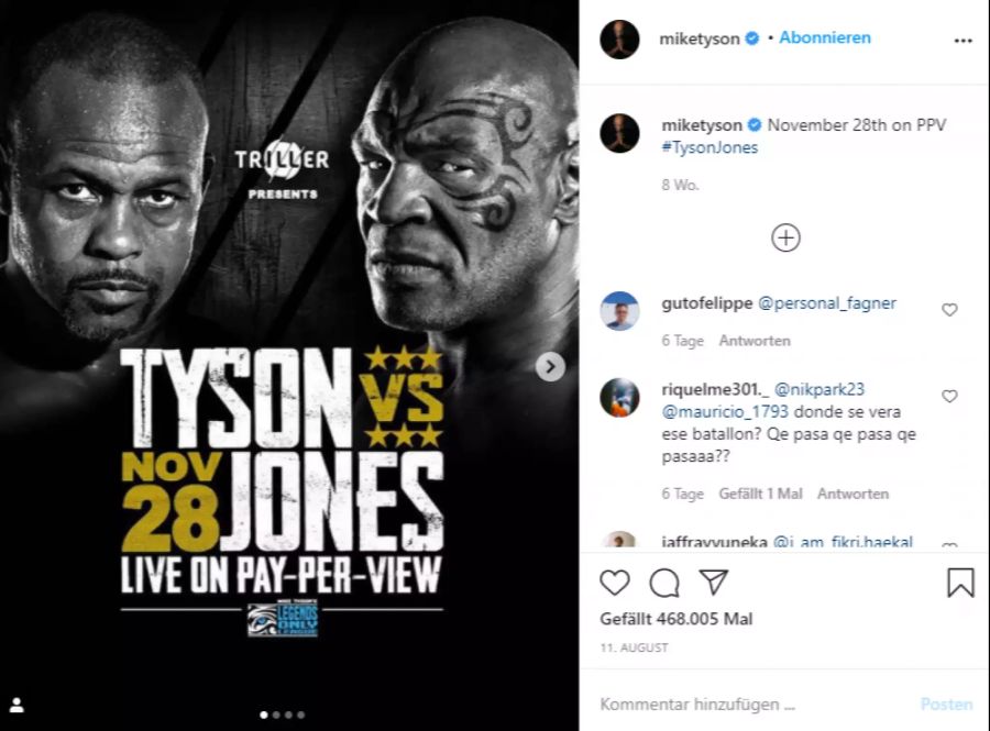 Am 28. November steigt Mike Tyson gegen Roy Jones Jr. in den Ring.