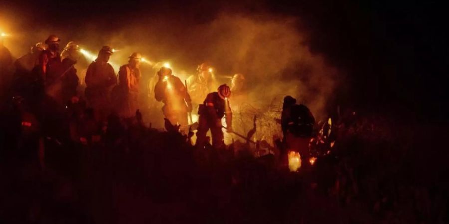 Feuerwehrleute bekämpfen Glutherde eines Buschfeuers, dem sogenannten Castlewood Fire. Foto: Noah Berger/AP/dpa