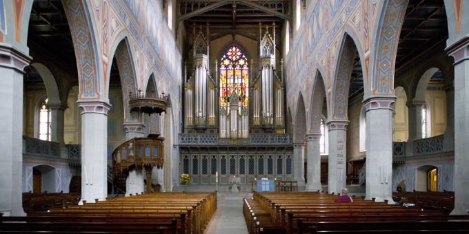 Innenansicht der reformierten St. Laurenzen-Kirche in St. Gallen. St. Laurenzen-Kirche