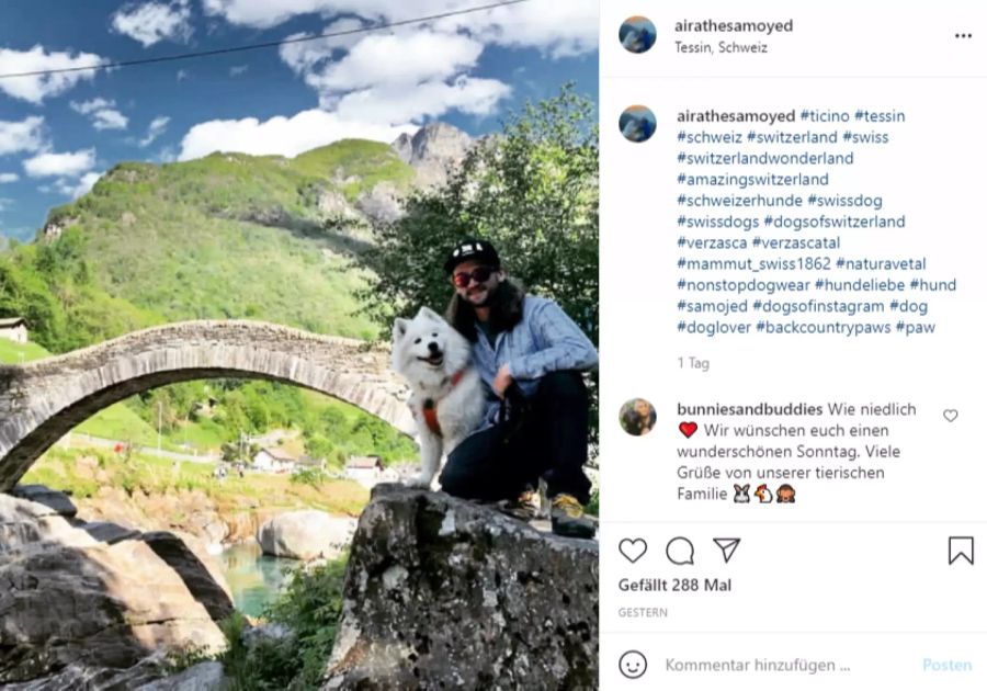 Auch dieser Instagrammer präsentiert sich mit Hund vor der berühmten Brücke.