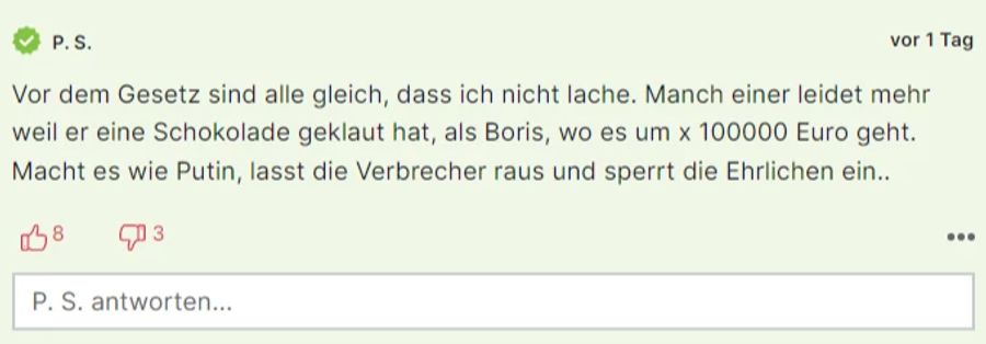 Hier wird zum Putin-Vergleich gegriffen und die Ungerechtigkeit des Rechtssystems angeklagt.