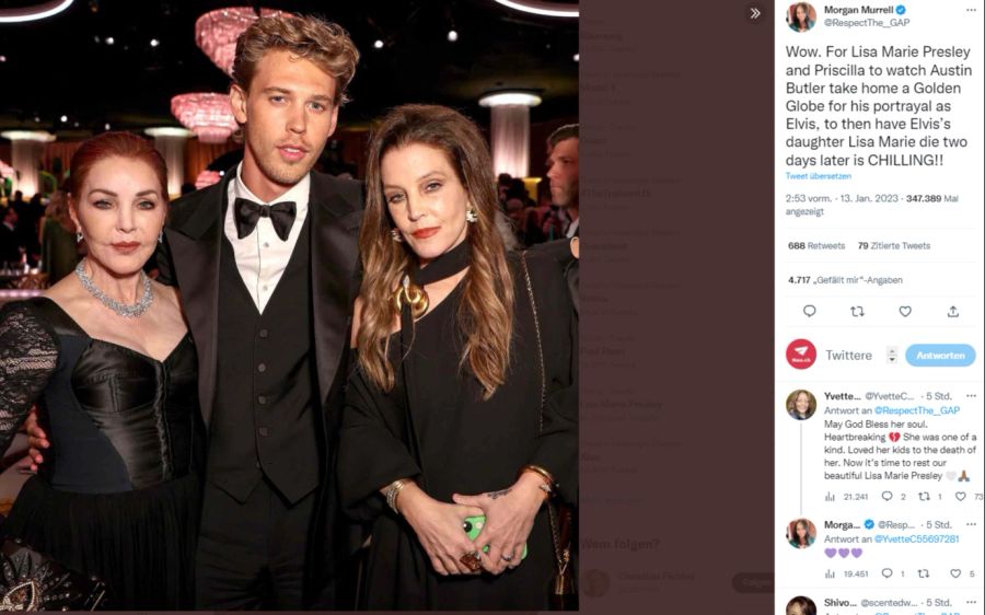 Priscilla Presley, Austin Butler und Lisa Marie Presley bei den Golden Globes vor zwei Tagen.