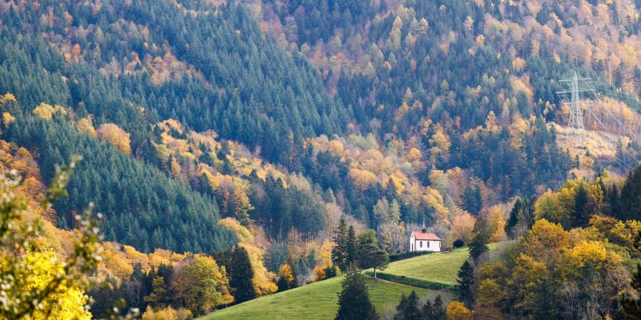 Eine Kapelle steht inmitten herbstlich verfärbter Bäume im baden-württembergischen Buchenbach. 2022 ist es ersten Prognosen zufolge so warm gewesen wie noch nie seit Beginn der Wetteraufzeichnungen im Jahr 1881.