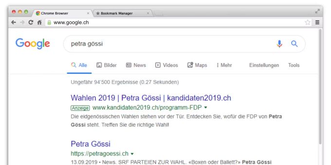 Erster Treffer bei der Google-Suche nach dem Namen Petra Gössi, Parteipräsidentin FDP, ist kandidaten2019.ch. In mehreren Kantonen haben CVP und FDP eine Listenverbindung. cvp