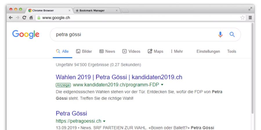 Erster Treffer bei der Google-Suche nach dem Namen Petra Gössi, Parteipräsidentin FDP, ist kandidaten2019.ch. In mehreren Kantonen haben CVP und FDP eine Listenverbindung.