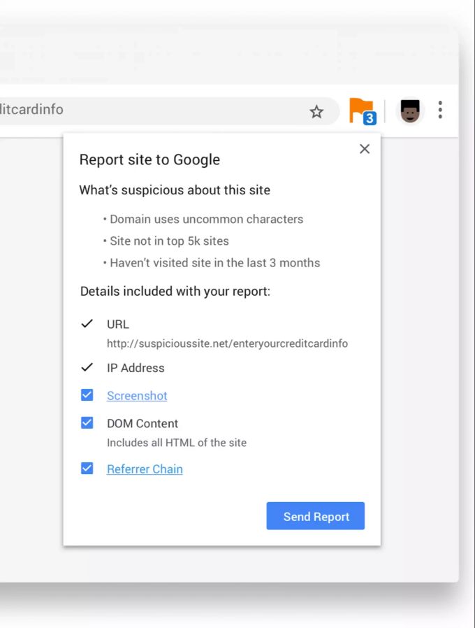 Die Suspicious Site Reporter Erweiterung auf Google Chrome. Google Chrome