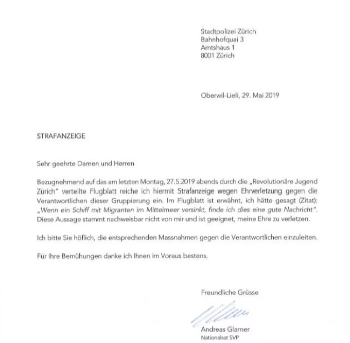 Andreas Glarner hat die Revolutionäre Jugend wegen Ehrverletzung angezeigt. Andreas Glarner Strafanzeige