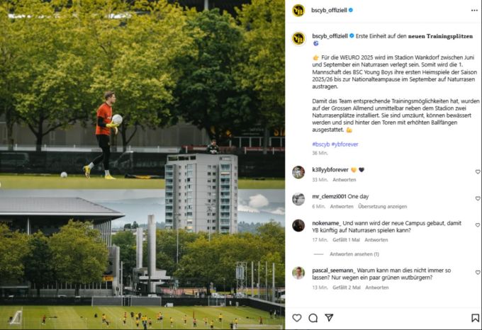 Die Spieler sind von den Plätzen begeistert, schreibt YB. YB