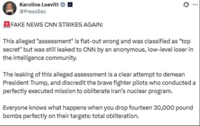 Die Sprecherin des Weissen Hauses hat den Pentagon-Bericht als «falsch» bezeichnet. Die Atomanlagen des Iran seien völlig zerstört worden, sagt Karoline Leavitt. USA Israel Iran