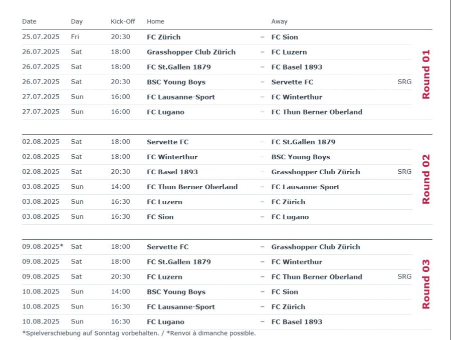 Die SFL hat die ersten zehn Runden der Super League terminiert...