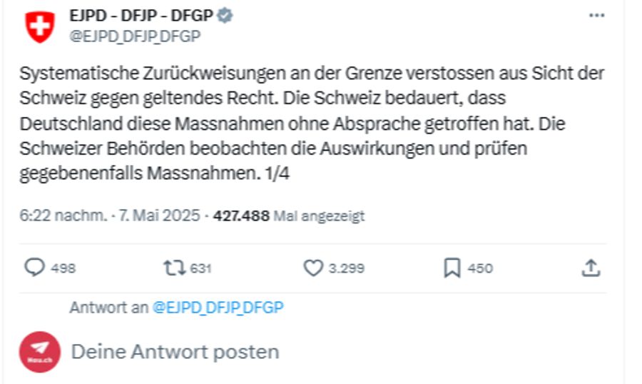 Man bedauere, dass Deutschland die Massnahmen ohne Absprache getroffen hat, schreibt das EJPD auf X.