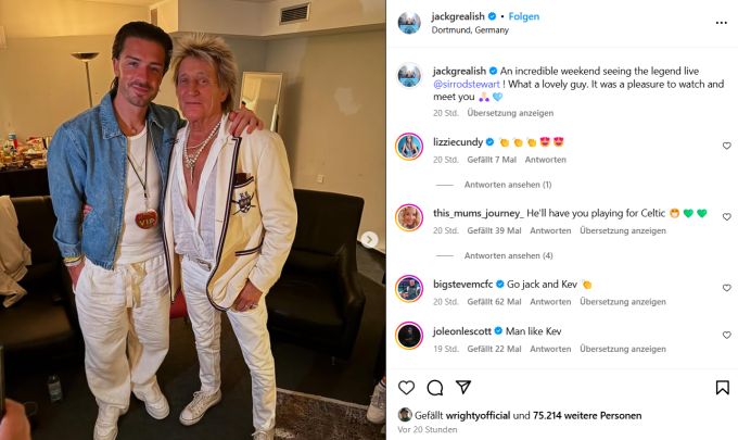 Jack Grealish posiert mit Rock-Musiker Rod Stewart. Jack Grealish