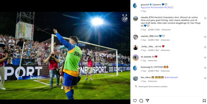 Amir Abrashi heizt den Fans von GC im Brügglifeld ein. Links oben ist der Fernsehturm zu sehen, auf welchen sich Vandalen Zugang mit einer Flex verschafften. GC FC Aarau