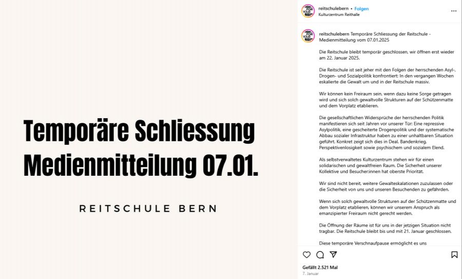Am 7. Januar informierte die Reitschule über die temporäre Schliessung – die Situation war nicht mehr tragbar.