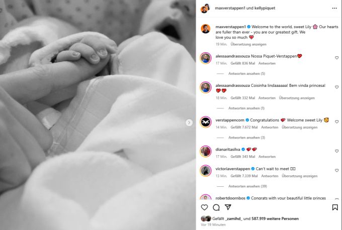 Für Max Verstappen ist es das erste Kind, seine Partnerin hat bereits eine Tochter aus einer früheren Beziehung. Max Verstappen