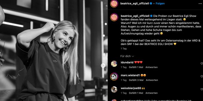 Beatrice Egli hat sich einen Berv eingeklemmt und musste die Proben im Liegen verbringen. beatrice egli