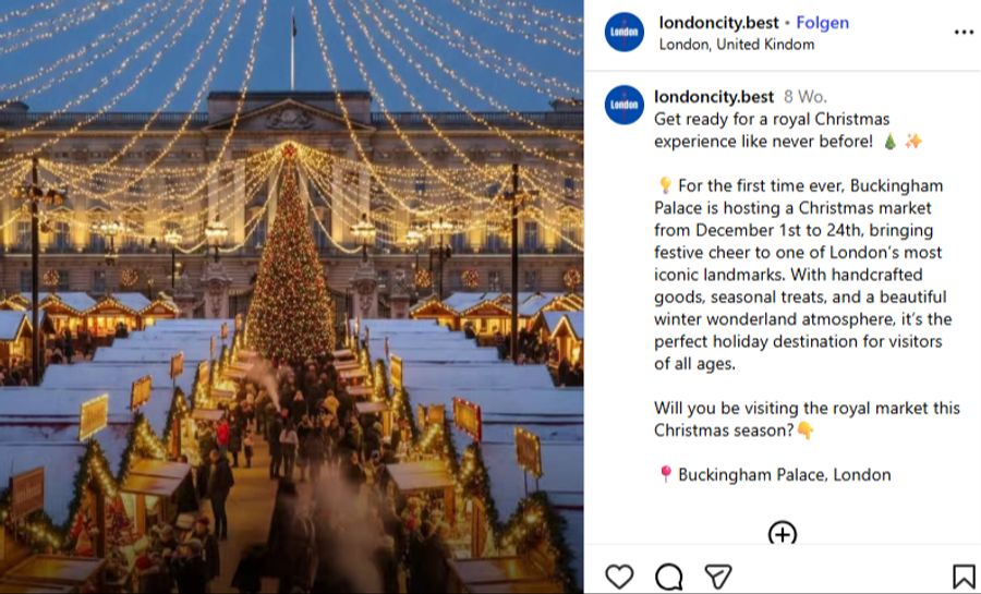 KI-generierte Bilder eines Weihnachtsmarktes vor dem Buckingham Palace machen aktuell in den sozialen Medien die Runde.