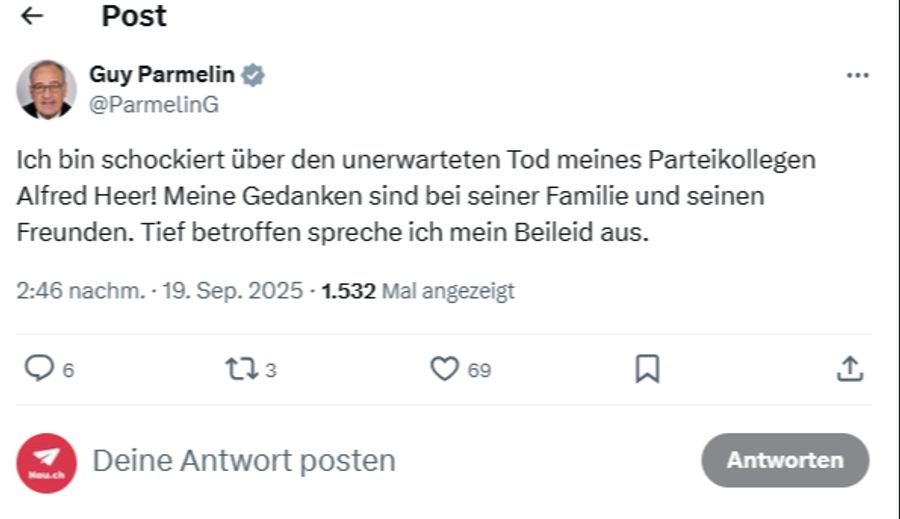Guy Parmelin verlor mit Alfred Heer einen Parteikollegen.