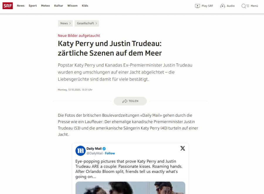 Auch über zärtliche Szenen am Meer berichtet SRF.