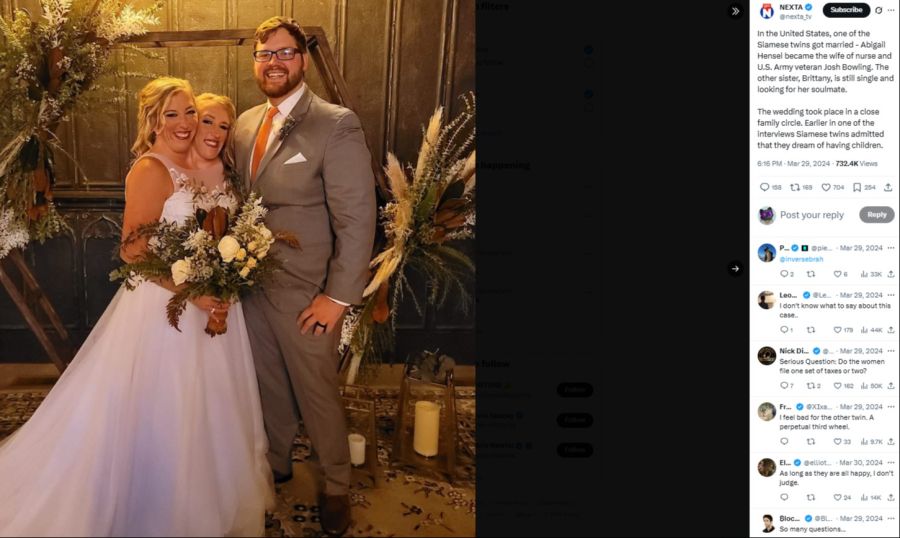 Abby (r.) heiratete 2021 Joshua Bowling, Zwillingsschwester Brittany ist seine Schwägerin.