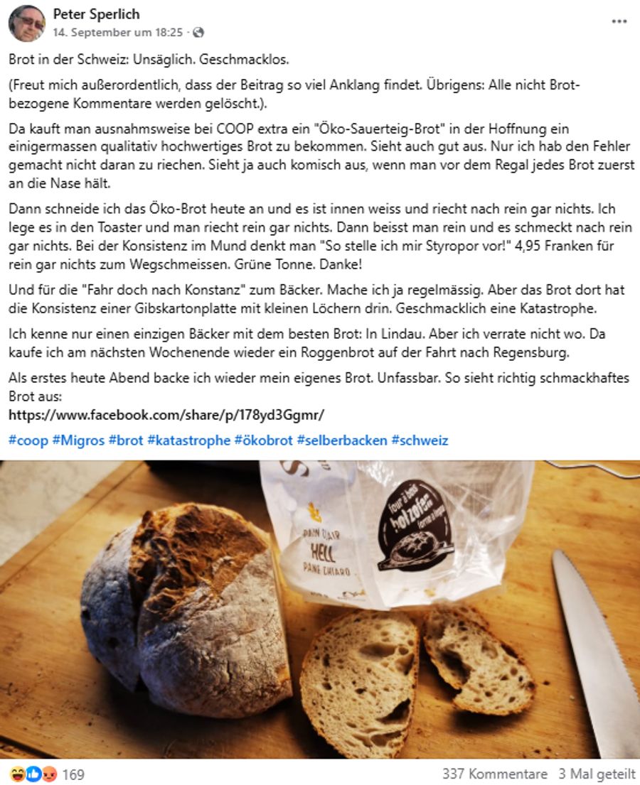 Peter Sperlich ist mit seinem Coop-Brot überhaupt nicht zufrieden. Er attackiert die ganze Brot-Schweiz.
