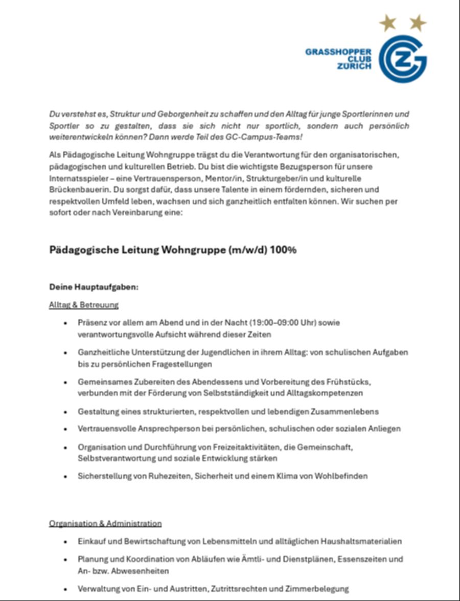 Bei GC wird eine neue Leitung für die Wohngruppe gesucht.