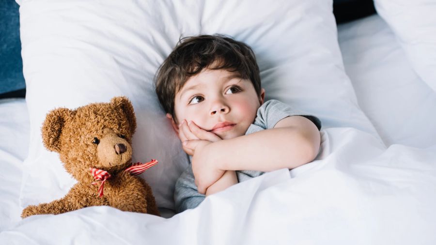 Junge mit Teddy im Bett