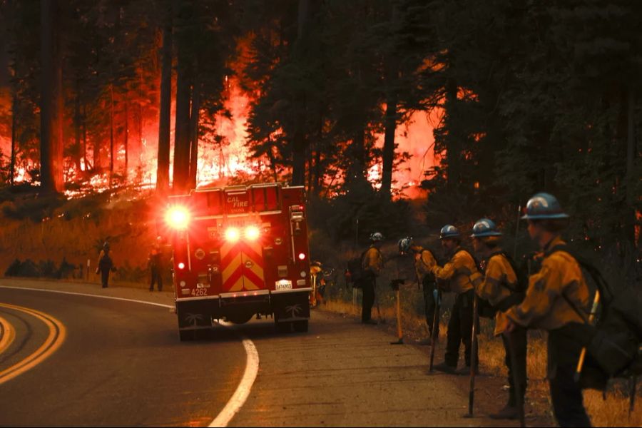 Feuerwehrleute warten auf Nachschub und Befehle, bevor sie das Park Fire angreifen, das nach Angaben des California Department of Forestry and Fire Protection (Cal Fire) bereits unglaubliche Flächen verbrannt hat, in Tehama County, Kalifornien, USA, 28. Juli 2024.