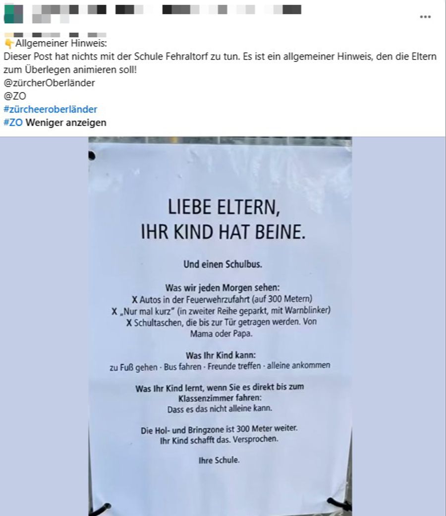 Bewohnerin und Facebook-Userin V.H.* hat das virale Elterntaxi-Plakat in einer Gruppe von Fehraltorf ZH geteilt.