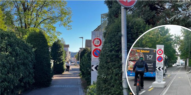 Auf dem Veloweg an der St.Peterstrasse wurde eine Fahrbahnverengung montiert. Die Markierungen für den Veloweg wurden mittlerweile entfernt.