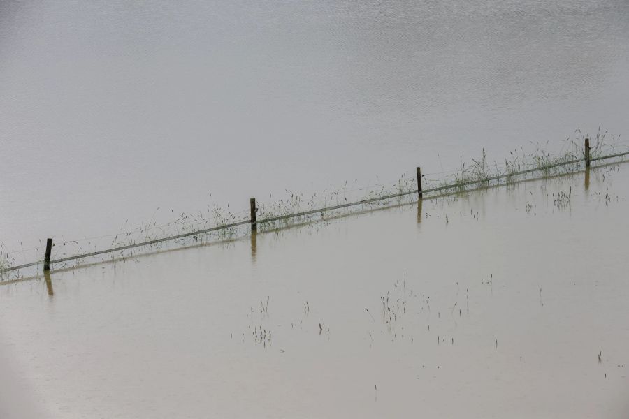 Ein Weidezaun und einzelne Grashalme ragen aus einer vom Regen überfluteten Wiese.