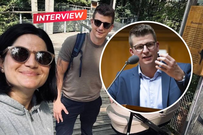 Lisa Vincenz Egger und Mike Egger auf einem Spaziergang mit Söhnchen Max, der am 12. August das Licht der Welt erblickte.