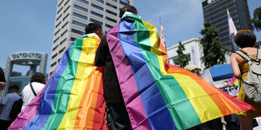Teilnehmer des Seoul Queer Culture Festivals sind in Regenbogenfahnen gehüllt. Foto: -/YNA/dpa