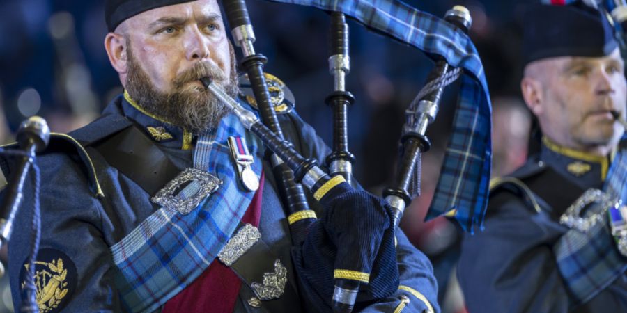 Die Massed Pipes and Drums (international) an der Hauptprobe des Basel Tattoo 2026 in Basel.