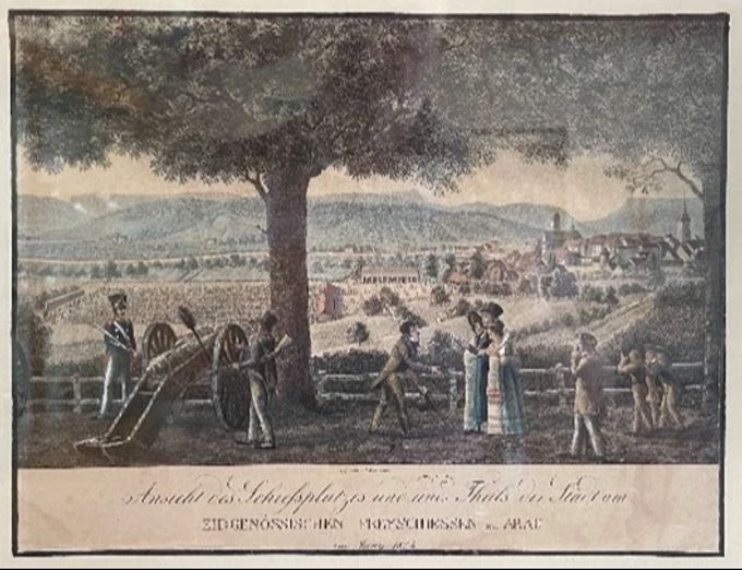 Zeichnung vom ersten eidgenössischen Frieschiessen 1824 in Aarau. An diesem Anlass wurde der Schweizer Schiesssportverband gegründet. schützenverein