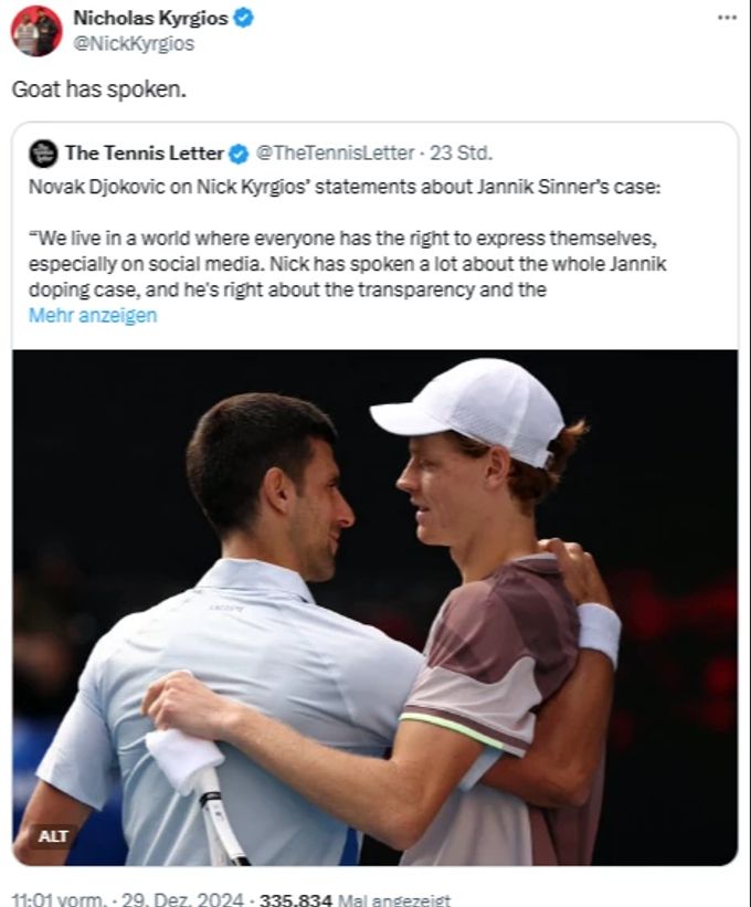 Nick Kyrgios freut sich über die Aussagen von Djokovic, den er den «Grössten aller Zeiten» nennt. Nick Kyrgios Djokovic