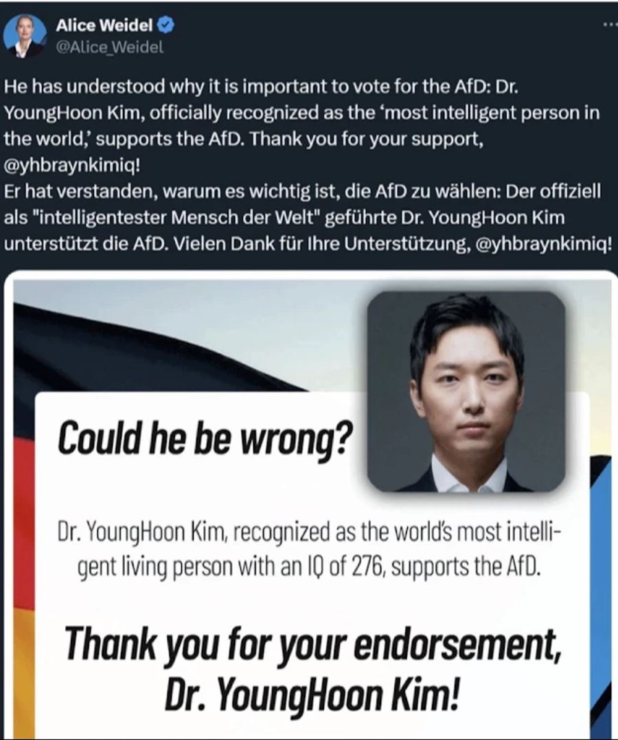 Alice Weidel macht Wahlwerbung mit Younghoon Kim.