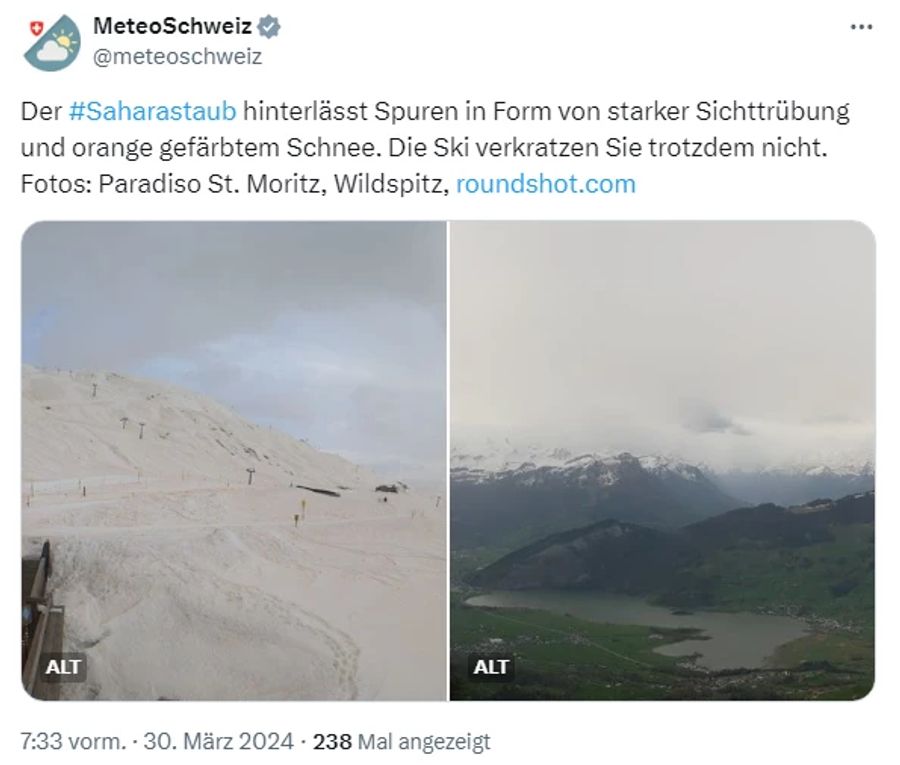 Der Saharastaub verfärbt nicht nur den Himmel, sondern auch den Schnee.