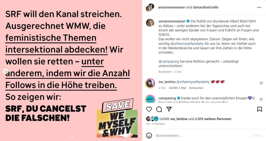 Die SP-Politikerinnen fordern die Community dazu auf, dem Instagram-Kanal zu folgen.