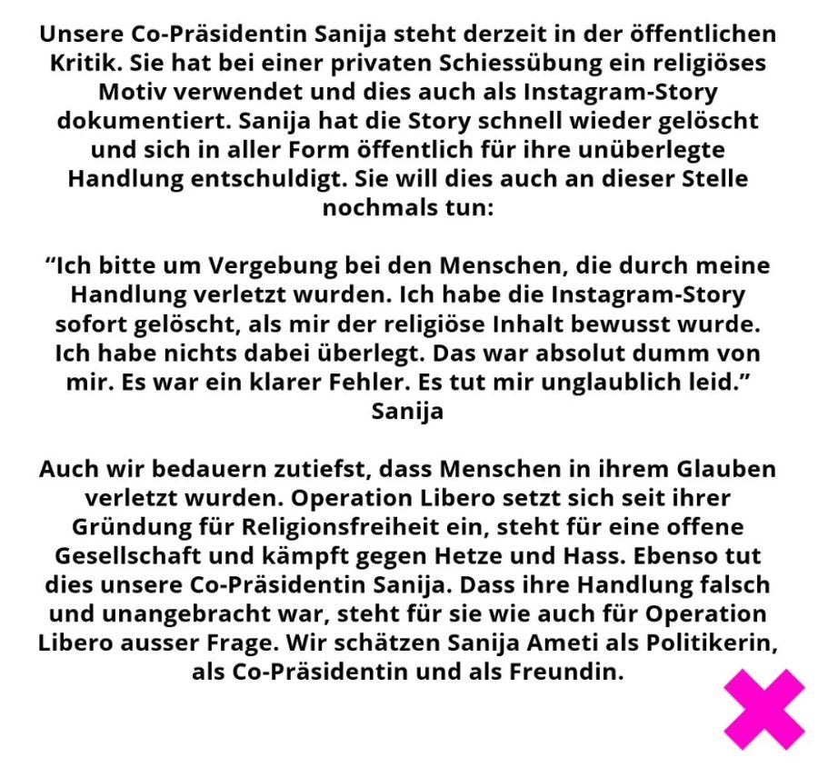 Anders die Operation Libero: Sie stärkt ihrer Co-Präsidentin öffentlich den Rücken.