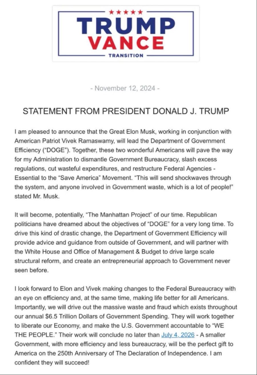 Donald Trump hat Elon Musk in einem offiziellen Statement zum Co-Chef des «Department of Government Efficiency» ernannt.