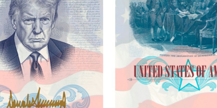 HANDOUT - Diese vom Außenministerium zur Verfügung gestellte Darstellung zeigt ein eines limitierten US-Gedenkpasses, der den 250. Geburtstag Amerikas feiert und ein Bild von US-Präs...