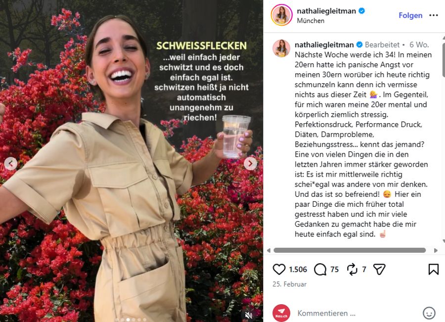 Dazu gehören zum Beispiel auch Schweissflecken, wie sie ihren 167’000 Followern zeigt.