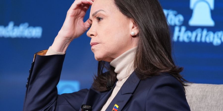 ARCHIV - Die venezolanische Oppositionsführerin Maria Corina Machado spricht in der Heritage Foundation, einer einflussreichen konservativen Denkfabrik, einen Tag nach einem Treffen mi...