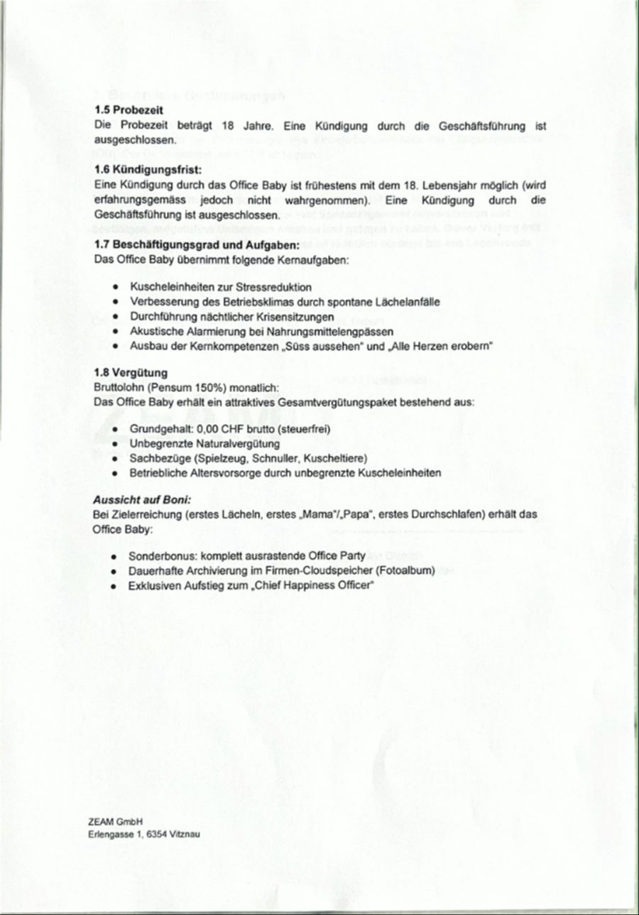 Punkte wie Kündigung, Aufgaben oder Vergütung wurden für ihr «Office Baby» klar definiert.