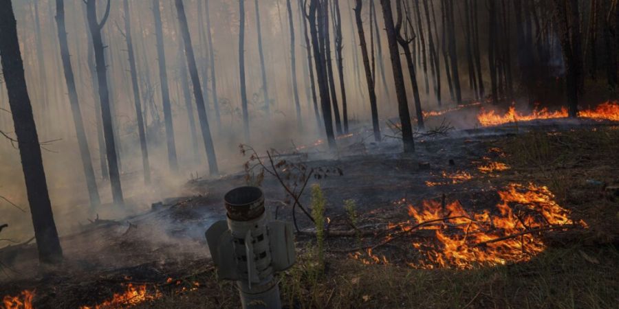 ARCHIV - Ein MSLR-Raketenstab ist bei einem Waldbrand nach einem russischen Angriff in der Nähe von Slowjansk zu sehen. Foto: Evgeniy Maloletka/AP/dpa