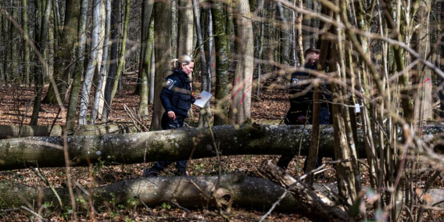 dpatopbilder - Einsatzkräfte der Polizei stehen in einem Waldstück südöstlich von Flensburg neben einem umgestürzten Baum. Bei einem Unglück sind am Ostersonntag drei Menschen ums...