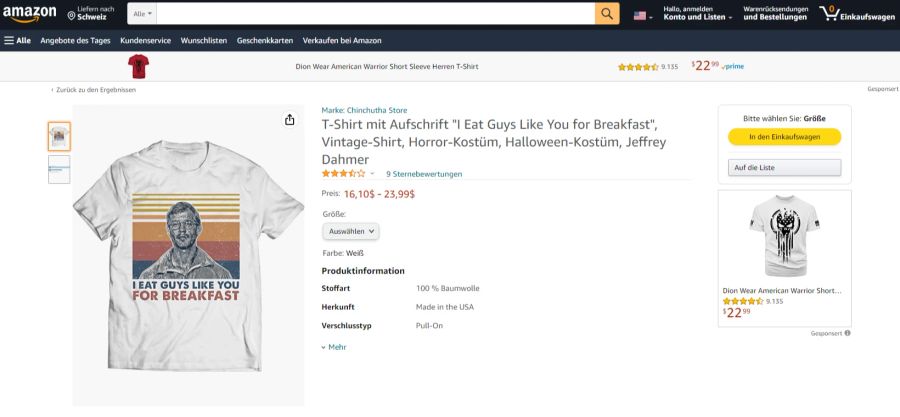 Auf anderen Plattformen findet sich allerdings noch Merchandise zu Jeffrey Dahmer. Auf Amazon gibt es zum Beispiel T-Shirts...